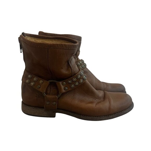 Frye Phillip Studded Harness Boots Booties Short Brown Leather Size 6.5 Women's - Picture 1 of 15